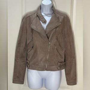 Fornia Taupe Faux Suede Moto Biker Jacket with Zipper Pocket Details Size M